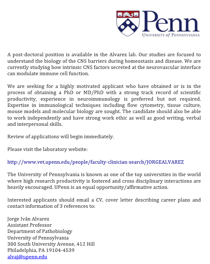 宾大神经免疫实验室博士后招聘